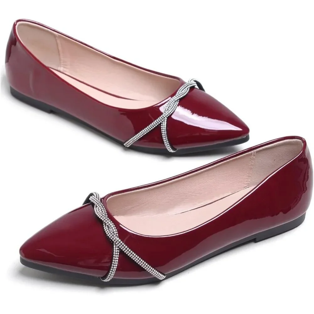 Women's Wine Red Casual Flats Fashion Chain Pointed Toe Ballet Flat Rhinestone